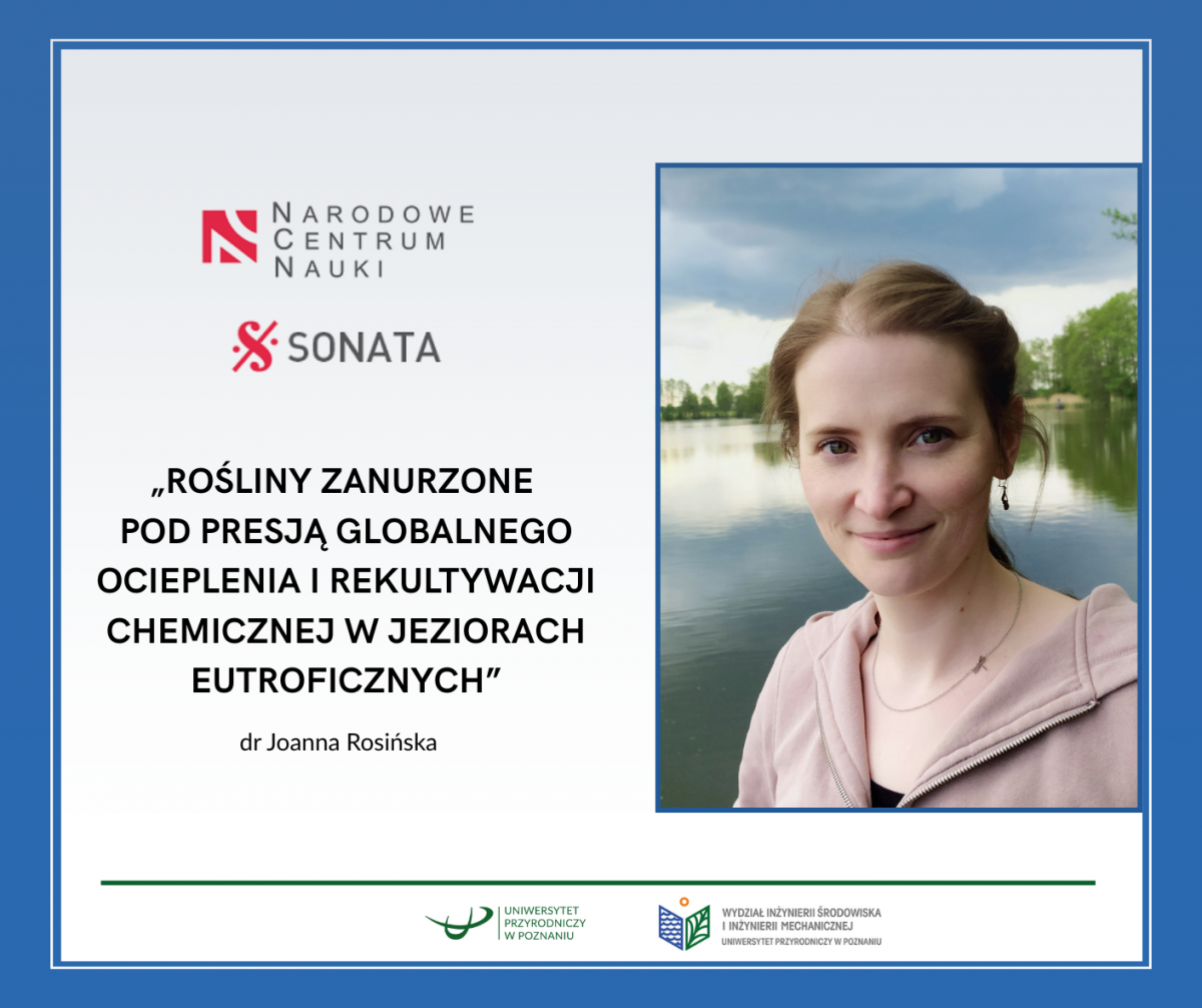 Portret dr Joanny Rosińskiej, naukowczyni. Ma jasną karnację i brązowe włosy do ramion, ubrana jest w jasnobrzoskwiniową bluzkę i naszyjnik z wisiorkiem. W tle widać spokojny zbiornik wodny z drzewami na przeciwległym brzegu. Na zdjęciu widoczny jest również tytuł: 'ROŚLINY ZANURZONE POD PRESJĄ GLOBALNEGO OCIEPLENIA I REKULTYWACJI CHEMICZNEJ W JEZIORACH EUTROFICZNYCH'. W lewym górnym rogu znajduje się logo Narodowego Centrum Nauki oraz napis 'SONATA'. Na dole zdjęcia są loga i nazwy instytucji akademickich.