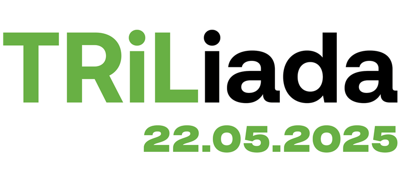 Nowoczesne logo wydarzenia o nazwie „TRIliada”. Słowo „TRIliada” zapisane jest dużą, pogrubioną czcionką – litery „TRI” mają intensywny, jaskrawozielony kolor (lime green), natomiast część „liada” jest w kolorze czarnym. Pod nazwą znajduje się data wydarzenia: „22.05.2025”, również w jaskrawozielonym kolorze. Całość utrzymana jest w czystym i nowoczesnym stylu graficznym.