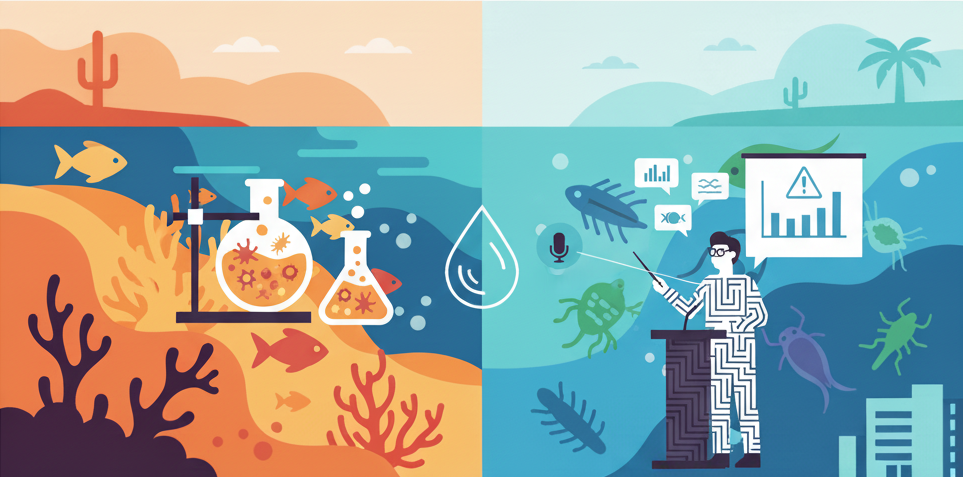 Ilustracja graficzna w stylu flat design, symbolizująca tematykę wykładów. Grafika dzieli się na dwie części: gorącą pustynną (badania laboratoryjne ryb i drobnoustrojów) oraz chłodniejszą morską (prelegent przedstawiający zooplankton i dane na temat jakości wody).