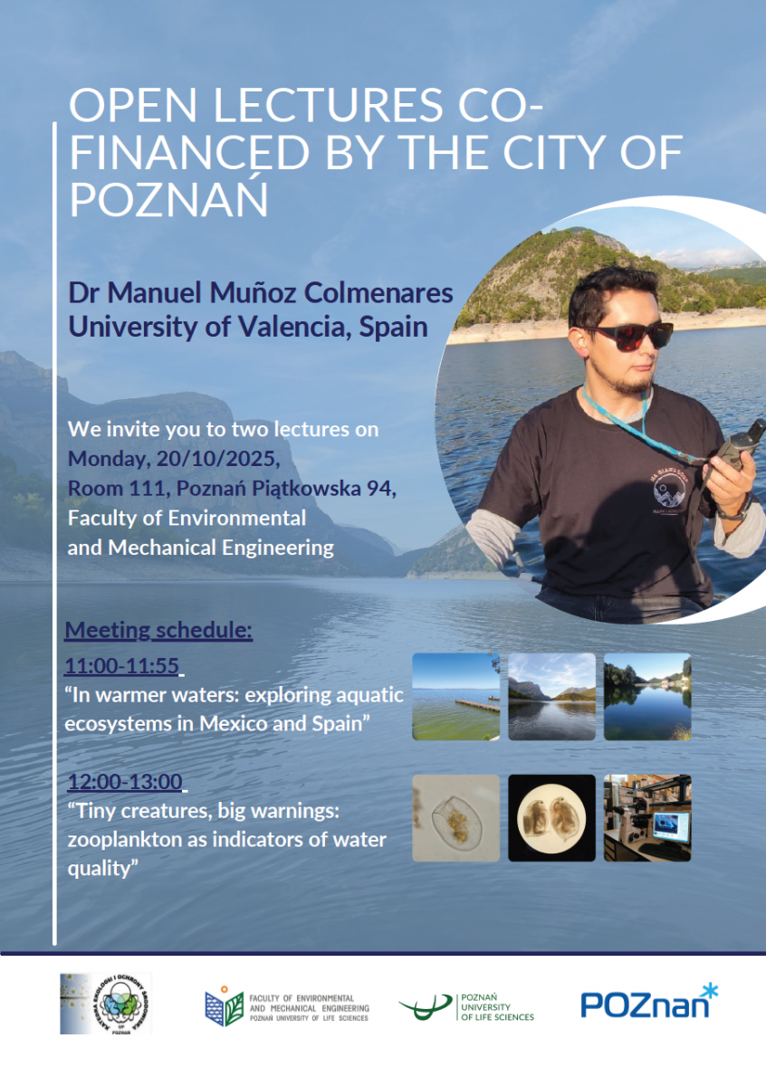 Plakat informujący o dwóch otwartych wykładach dr. Manuela Muñoza Colmenaresa z Uniwersytetu w Walencji, współfinansowanych przez Miasto Poznań. Plakat zawiera zdjęcie prelegenta i harmonogram wykładów o ekosystemach wodnych i zooplanktonie na 20 października 2025 r.