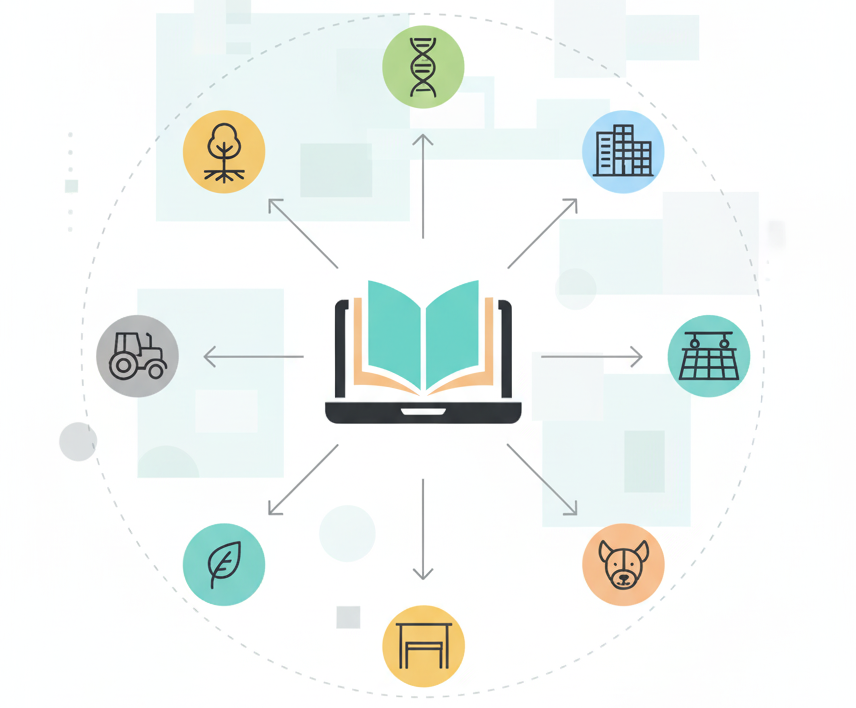 Doskonale. Poniżej znajduje się opis wygenerowanej grafiki, zoptymalizowany pod kątem pola **ALT** (tekstu alternatywnego). Taki opis jest zwięzły, a jednocześnie informuje o wizualnej zawartości i kontekście:  ``` Schemat wektorowy w układzie 4:3 przedstawiający laptop z otwartą książką na ekranie, symbolizujący e-learning i wybór. Wokół laptopa krąży koło z ikonami reprezentującymi różne kierunki studiów technicznych i przyrodniczych: drzewo (Architektura Krajobrazu), DNA (Biologia/Weterynaria),