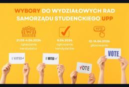 Na żółtym tle napis u góry "Wybory do Wydziałowych Rad Samorządu Studenckiego UPP". U dołu wyciągnięte w górę cztery pary rąk, które trzymają kartki z napisami w różnych językach zachęcające do głosowania
