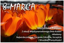 W przybliżeniu kwiaty tulipanów koloru pomarańczowego, gdzie w górnym lewym rogu znajduje się napis 8 MARCA. W dolnym lewym roku życzenia o następującej treści" Wszystkim Paniom Z okazji Międzynarodowego Dnia Kobiet składamy Najserdeczniejsze Życzenia Zdrowia, Szczęścia i Wszelkiej Pomyślności"..