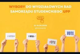 Na żółtym tle napis u góry "Wybory do Wydziałowych Rad Samorządu Studenckiego UPP". U dołu wyciągnięte w górę cztery pary rąk, które trzymają kartki z napisami w różnych językach zachęcające do głosowania