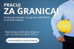 Grafika ilustrująca program ERASMUS+, akcentująca rekrutację do pracy za granicą i zachęcająca do udziału