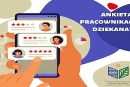 Ilustracja przedstawia dłoń trzymającą smartfon, na ekranie którego widoczne są oceny i opinie o różnych osobach w formie gwiazdek i komentarzy. W tle znajdują się wykresy oraz elementy graficzne symbolizujące analizę danych. Po prawej stronie umieszczono napis 'Ankieta o pracownikach dziekanatu', a w dolnym rogu logo Wydziału Inżynierii Środowiska i Inżynierii Mechanicznej Uniwersytetu Przyrodniczego w Poznaniu.